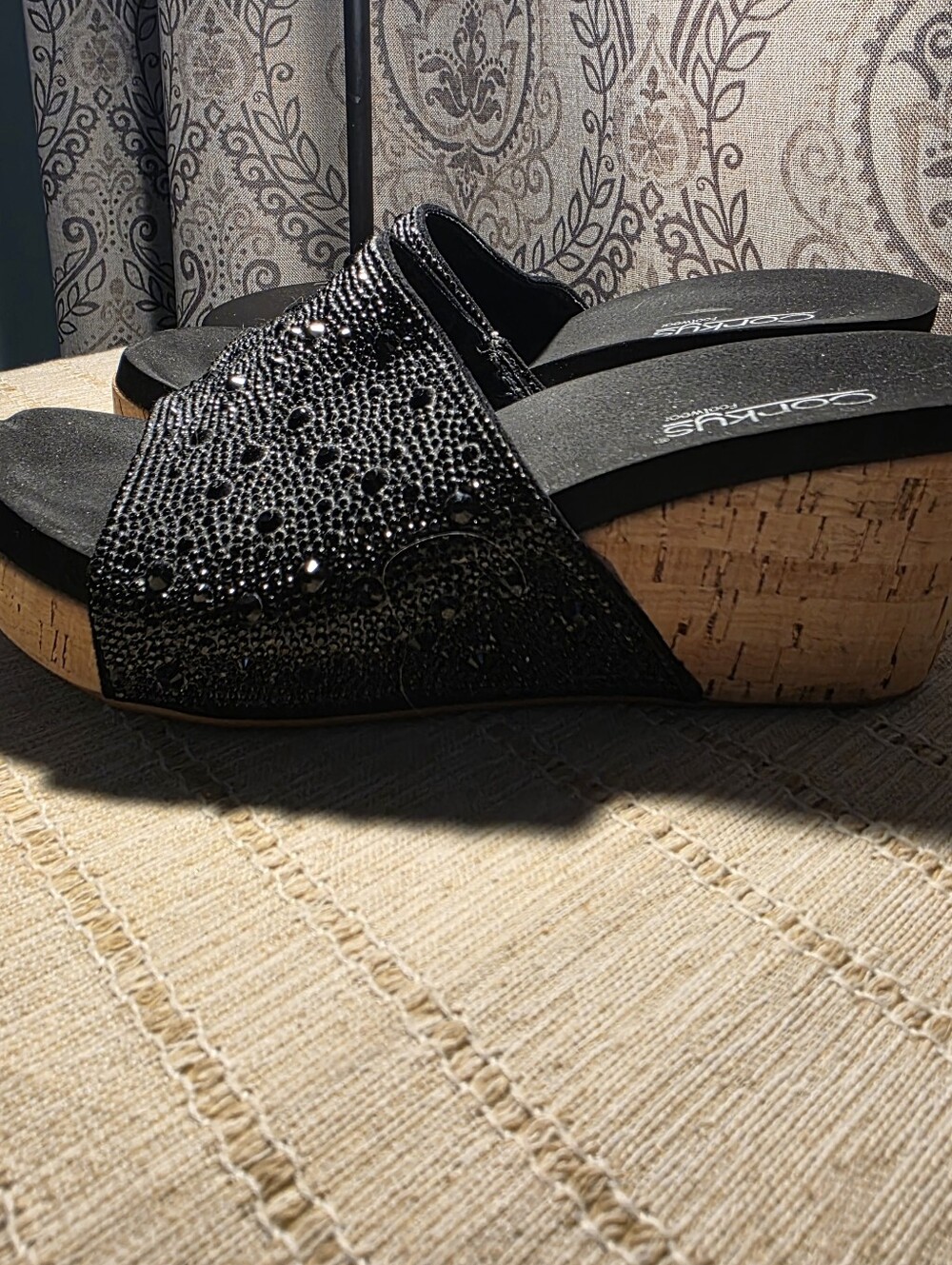 Corkys Black Embellished Cork Wedge Size 8